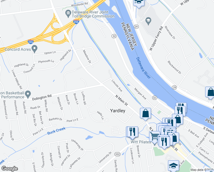 map of restaurants, bars, coffee shops, grocery stores, and more near 176 North Main Street in Yardley