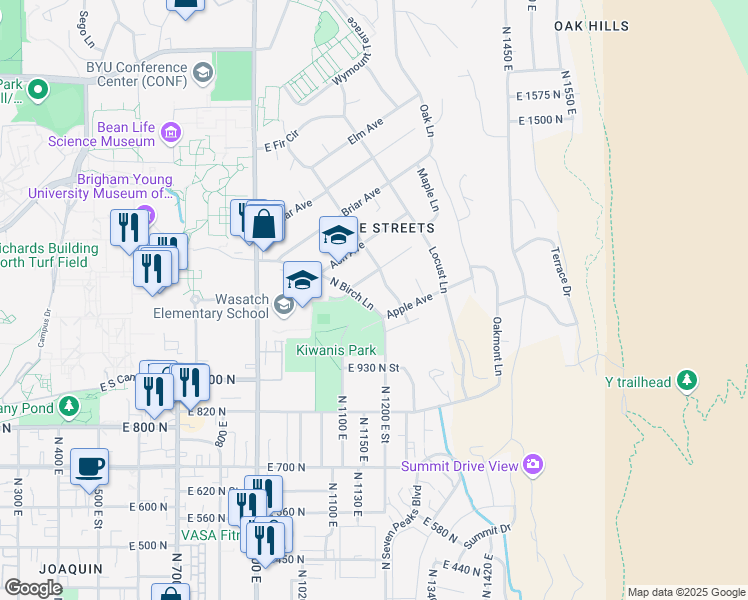 map of restaurants, bars, coffee shops, grocery stores, and more near 1114 Birch Lane in Provo