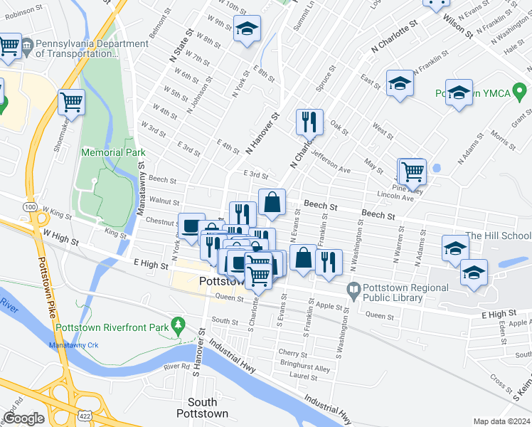 map of restaurants, bars, coffee shops, grocery stores, and more near 267 Walnut Street in Pottstown