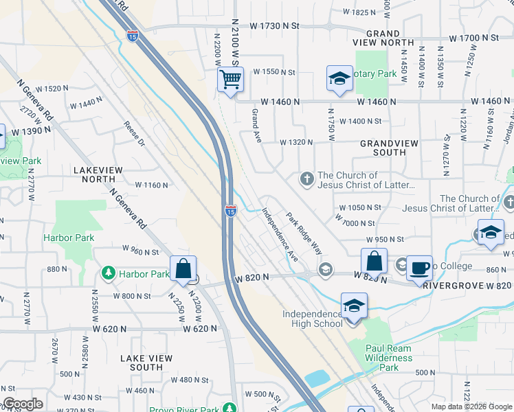 map of restaurants, bars, coffee shops, grocery stores, and more near 1091 Independence Avenue in Provo
