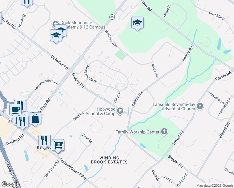 map of restaurants, bars, coffee shops, grocery stores, and more near 1312 Fairbourne Court in Lansdale