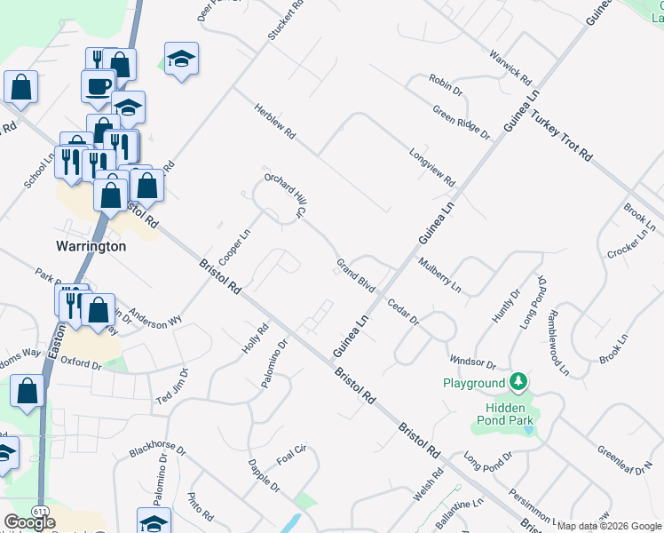 map of restaurants, bars, coffee shops, grocery stores, and more near 621 Grand Boulevard in Warrington