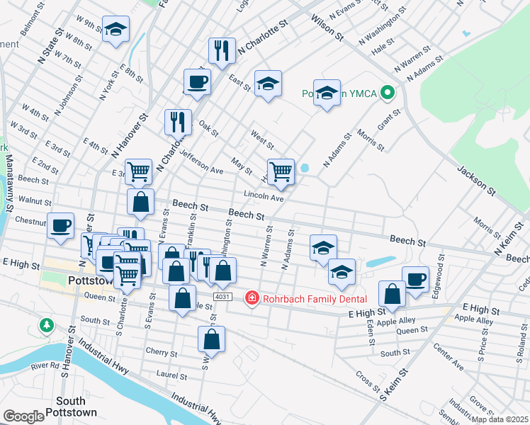 map of restaurants, bars, coffee shops, grocery stores, and more near 564 Beech Street in Pottstown