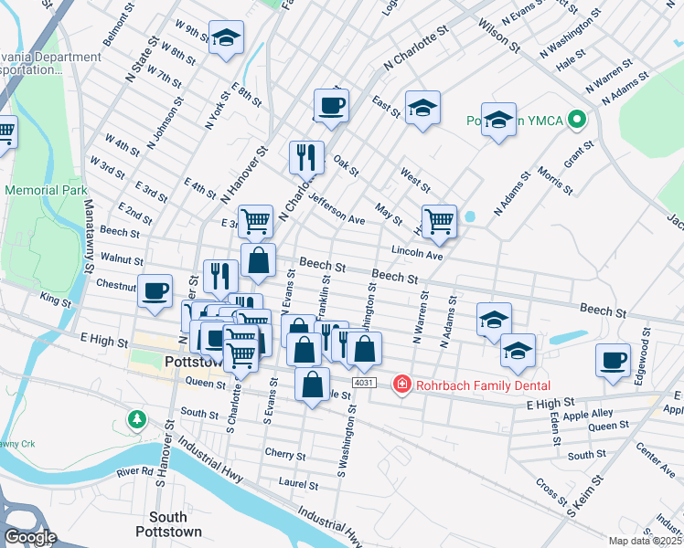 map of restaurants, bars, coffee shops, grocery stores, and more near 401 Walnut Street in Pottstown