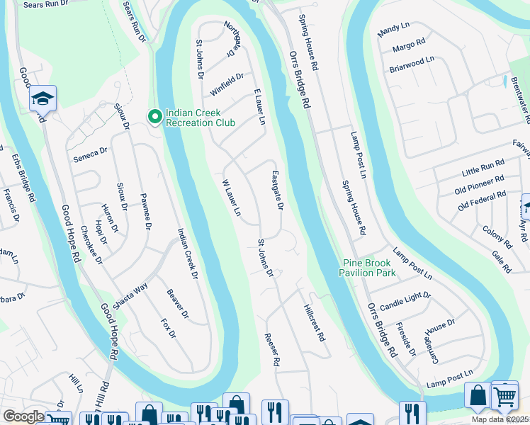 map of restaurants, bars, coffee shops, grocery stores, and more near 525 Saint Johns Drive in Camp Hill