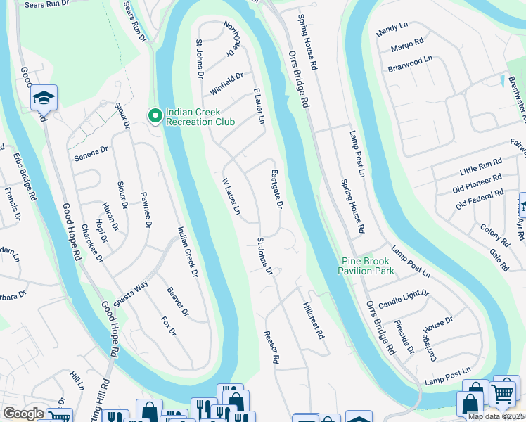 map of restaurants, bars, coffee shops, grocery stores, and more near 525 Saint Johns Drive in Camp Hill