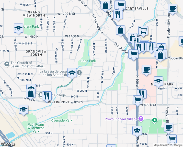 map of restaurants, bars, coffee shops, grocery stores, and more near 1064 North 1000 West in Provo