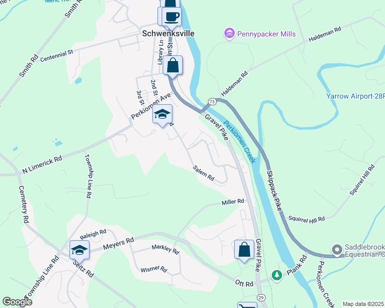 map of restaurants, bars, coffee shops, grocery stores, and more near 39 Salem Road in Schwenksville