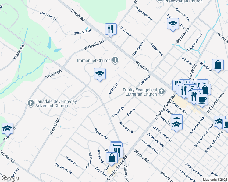 map of restaurants, bars, coffee shops, grocery stores, and more near 228 Cherry Lane in Lansdale