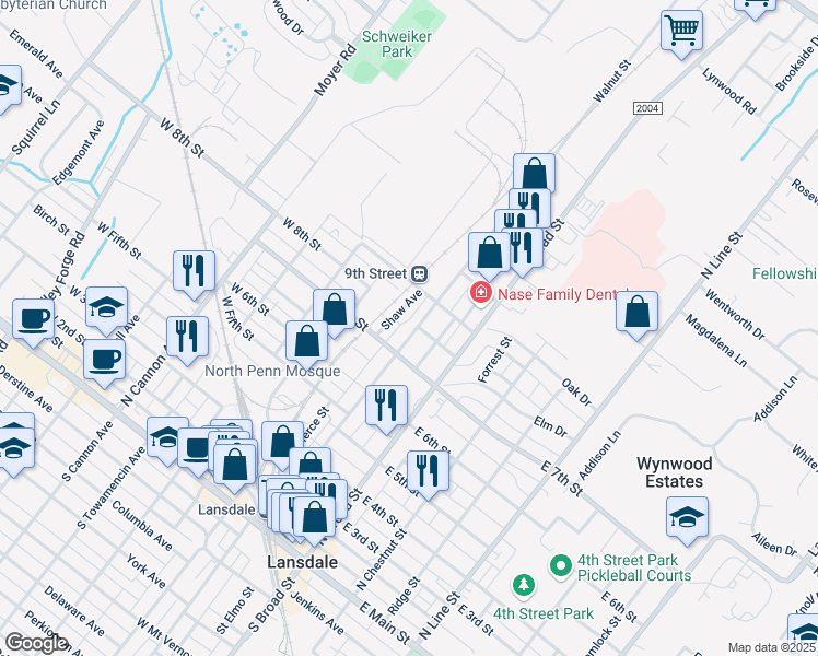 map of restaurants, bars, coffee shops, grocery stores, and more near 724 Walnut Street in Lansdale