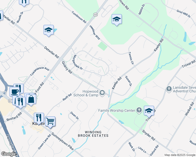 map of restaurants, bars, coffee shops, grocery stores, and more near 1110B Jefferson Court in Lansdale