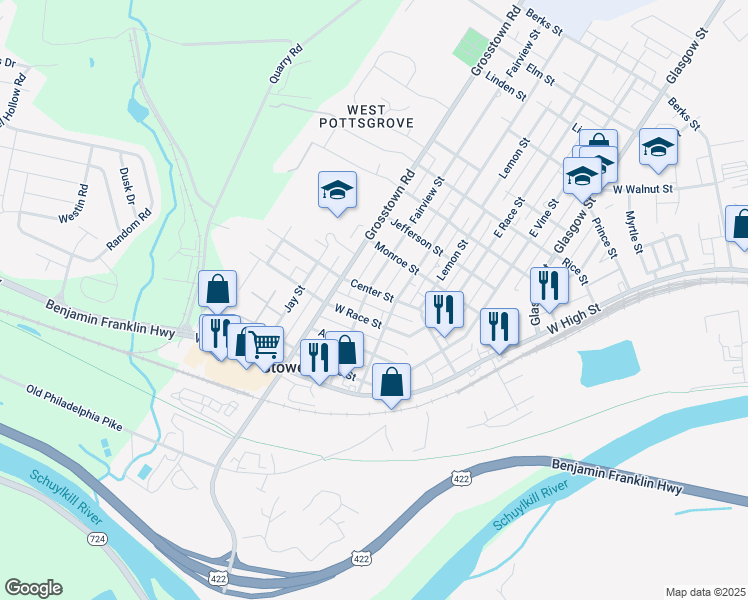 map of restaurants, bars, coffee shops, grocery stores, and more near 421 Center Street in Stowe