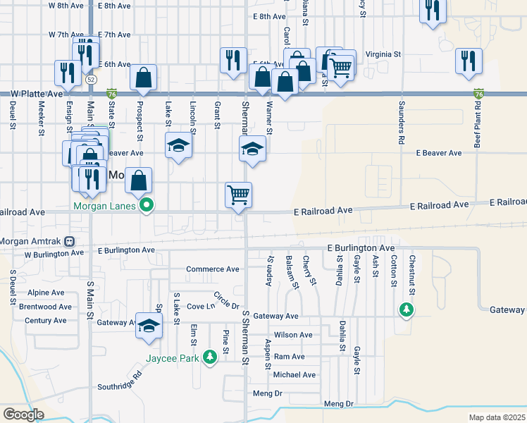 map of restaurants, bars, coffee shops, grocery stores, and more near 729 East Railroad Avenue in Fort Morgan