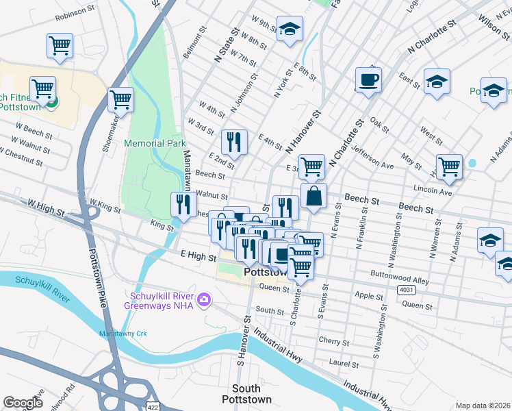 map of restaurants, bars, coffee shops, grocery stores, and more near 137 Chestnut Street in Pottstown