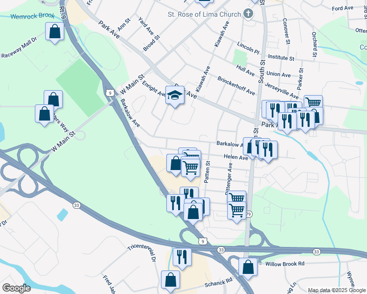 map of restaurants, bars, coffee shops, grocery stores, and more near 6 East Barbara Drive in Freehold