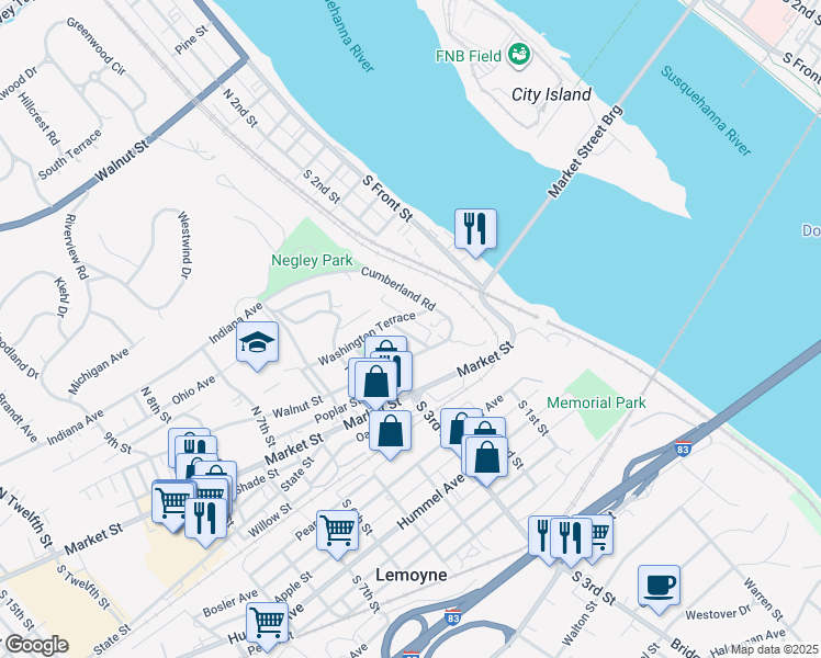 map of restaurants, bars, coffee shops, grocery stores, and more near 233 Walnut Street in Lemoyne