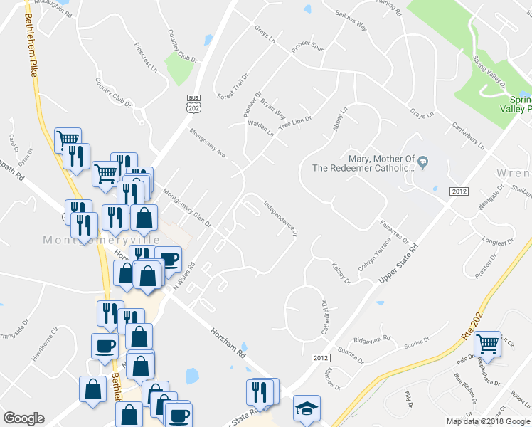 map of restaurants, bars, coffee shops, grocery stores, and more near 814 Thornton Court in North Wales