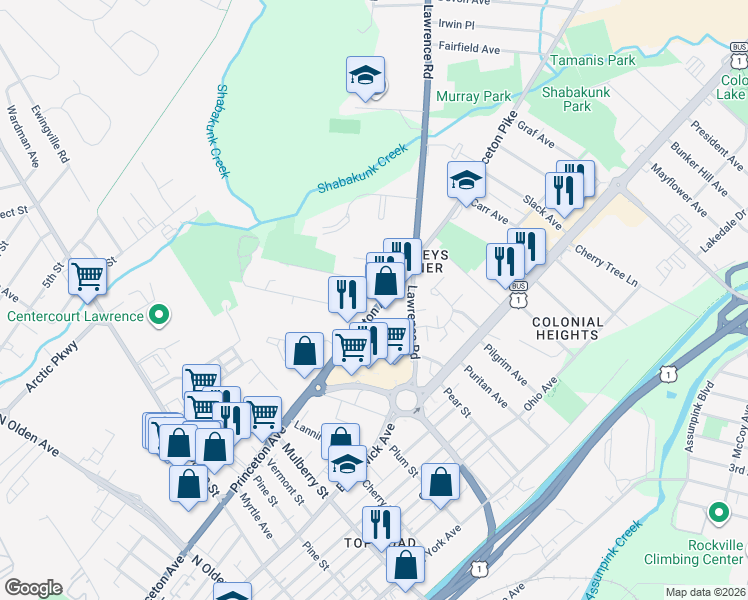 map of restaurants, bars, coffee shops, grocery stores, and more near 1905 Princeton Avenue in Lawrence Township
