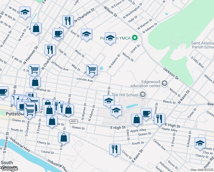 map of restaurants, bars, coffee shops, grocery stores, and more near 657 Beech Street in Pottstown