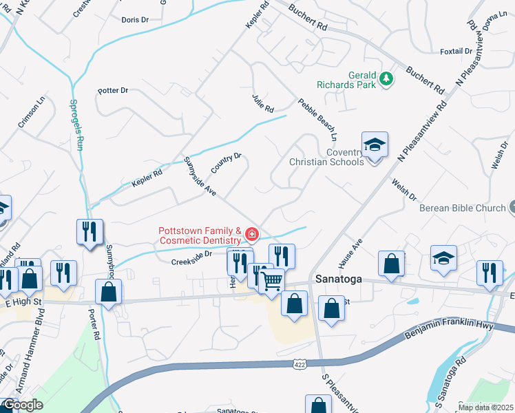 map of restaurants, bars, coffee shops, grocery stores, and more near 21 Pebble Beach Lane in Sanatoga