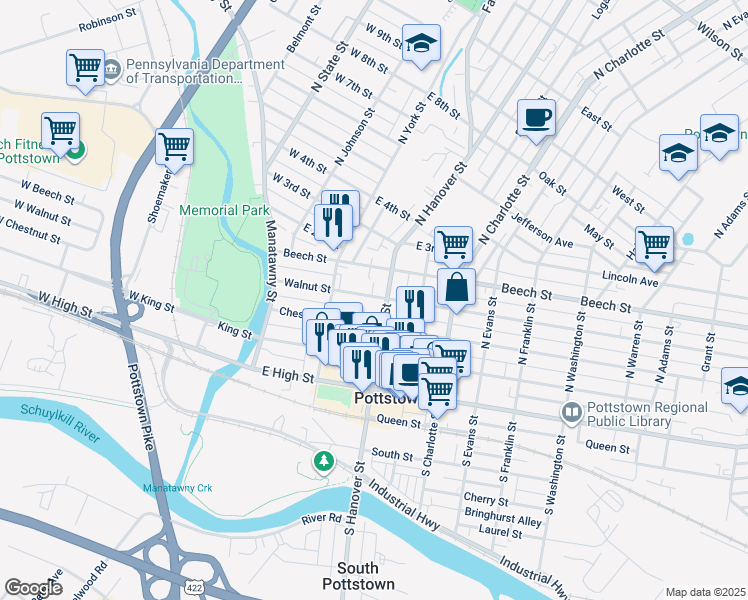 map of restaurants, bars, coffee shops, grocery stores, and more near 150 Walnut Street in Pottstown