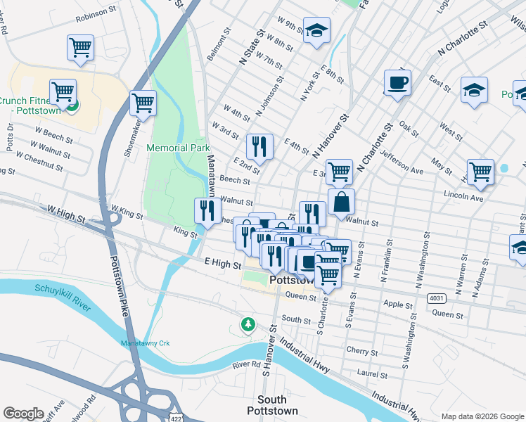 map of restaurants, bars, coffee shops, grocery stores, and more near 137 Chestnut Street in Pottstown