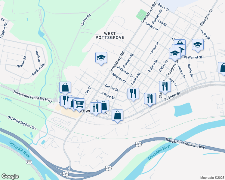 map of restaurants, bars, coffee shops, grocery stores, and more near 421 Center Street in Stowe
