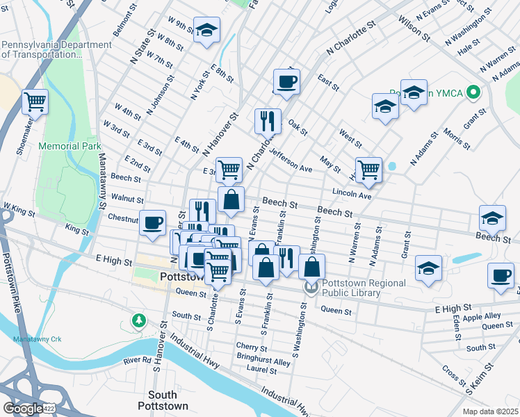 map of restaurants, bars, coffee shops, grocery stores, and more near 347 Union Alley in Pottstown