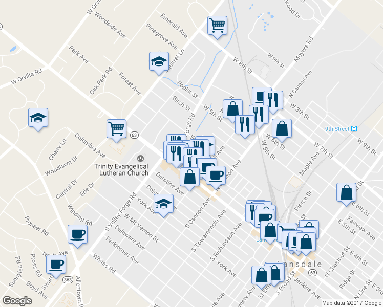 map of restaurants, bars, coffee shops, grocery stores, and more near 821 West 2nd Street in Lansdale