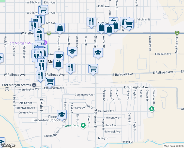 map of restaurants, bars, coffee shops, grocery stores, and more near 113 Sherman Street in Fort Morgan