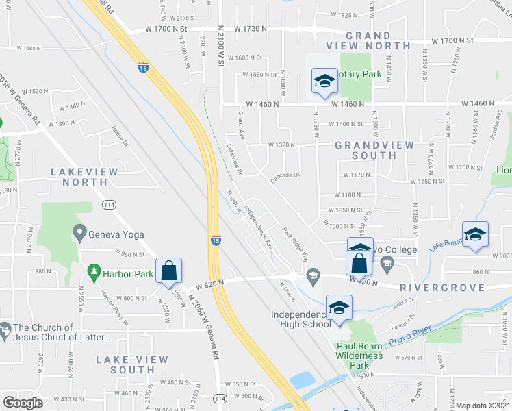 map of restaurants, bars, coffee shops, grocery stores, and more near 1073 Independence Avenue in Provo