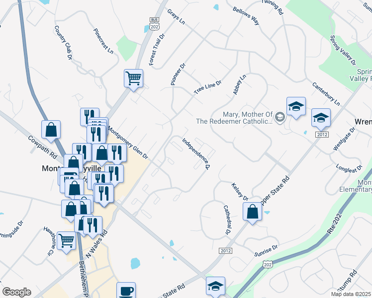 map of restaurants, bars, coffee shops, grocery stores, and more near 804 Thornton Court in North Wales
