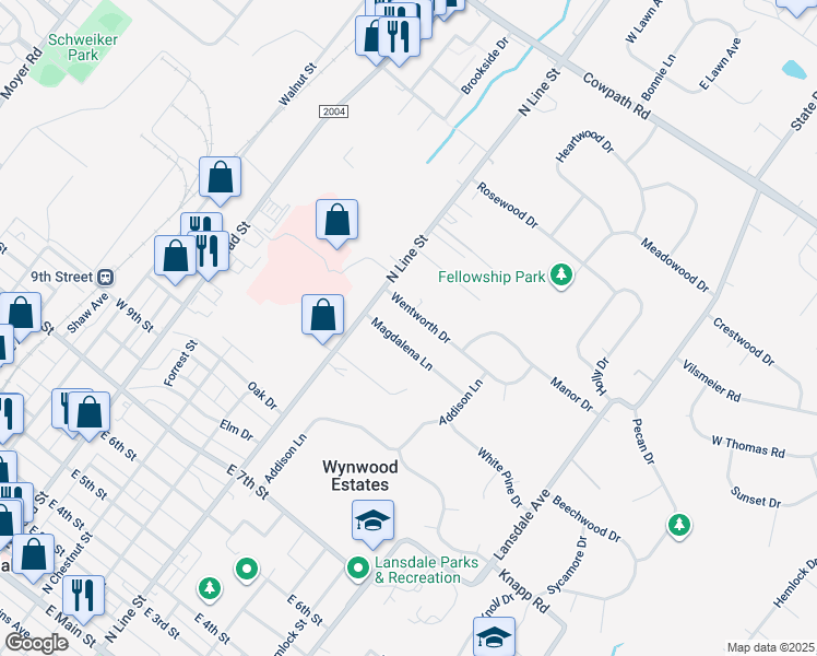 map of restaurants, bars, coffee shops, grocery stores, and more near 115 Wentworth Drive in Lansdale