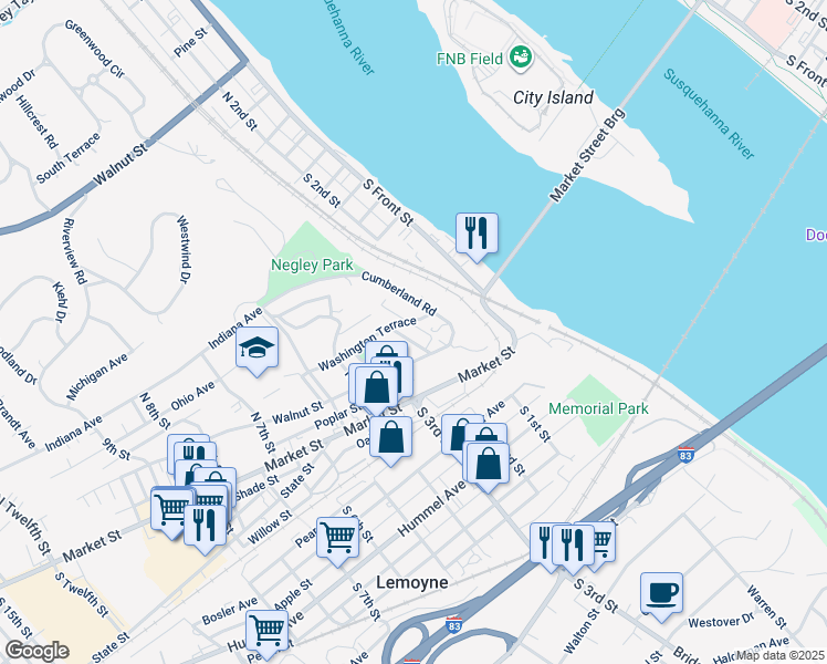 map of restaurants, bars, coffee shops, grocery stores, and more near 233 Walnut Street in Lemoyne