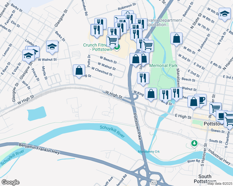 map of restaurants, bars, coffee shops, grocery stores, and more near 259 West High Street in Pottstown