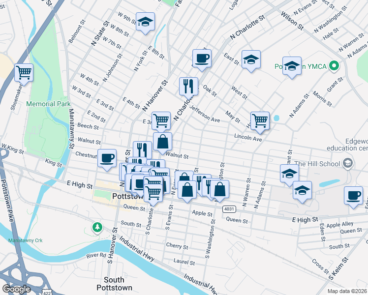 map of restaurants, bars, coffee shops, grocery stores, and more near 350 Walnut Street in Pottstown