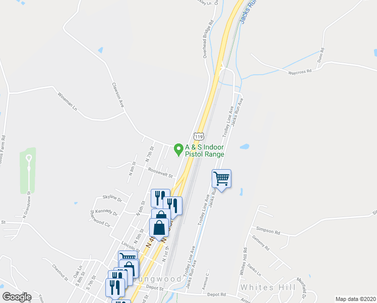 map of restaurants, bars, coffee shops, grocery stores, and more near 636 Overhead Bridge Road in Youngwood
