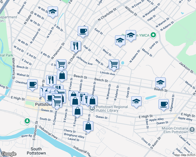 map of restaurants, bars, coffee shops, grocery stores, and more near 511 Beech Street in Pottstown