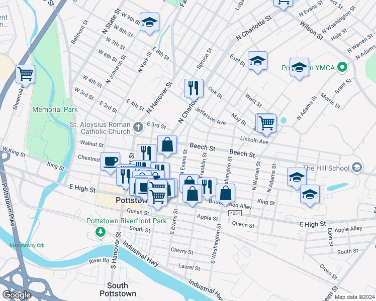 map of restaurants, bars, coffee shops, grocery stores, and more near 347 Union Alley in Pottstown