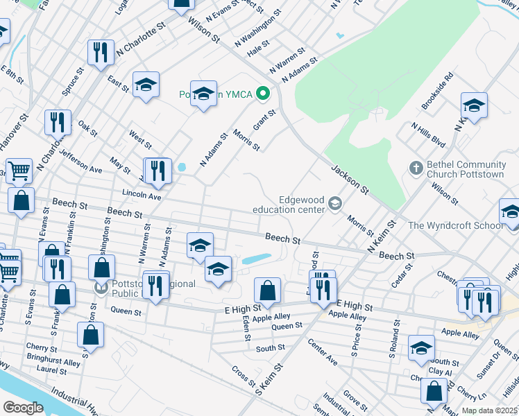map of restaurants, bars, coffee shops, grocery stores, and more near 319 Lincoln Avenue in Pottstown