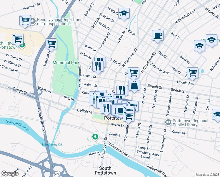 map of restaurants, bars, coffee shops, grocery stores, and more near 150 Walnut Street in Pottstown