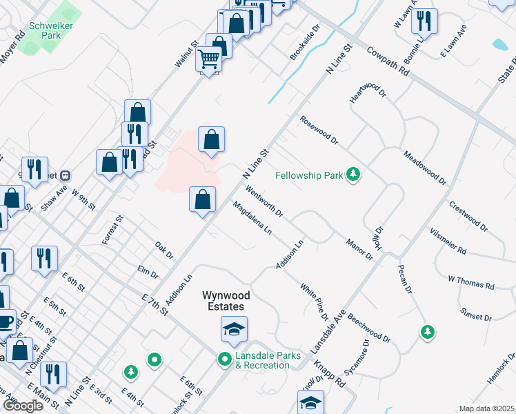map of restaurants, bars, coffee shops, grocery stores, and more near 115 Wentworth Drive in Lansdale