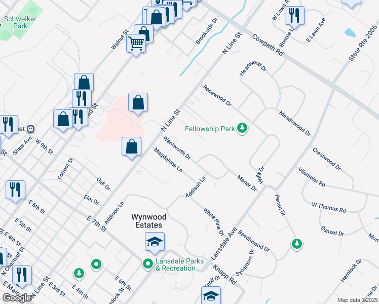 map of restaurants, bars, coffee shops, grocery stores, and more near 120 Wentworth Drive in Lansdale