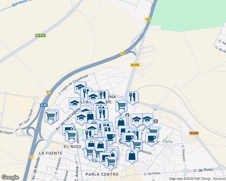 map of restaurants, bars, coffee shops, grocery stores, and more near 14 Calle Lago de Michigan in Parla