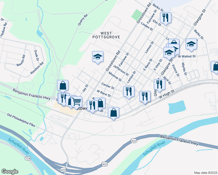 map of restaurants, bars, coffee shops, grocery stores, and more near 419 Center Street in Stowe