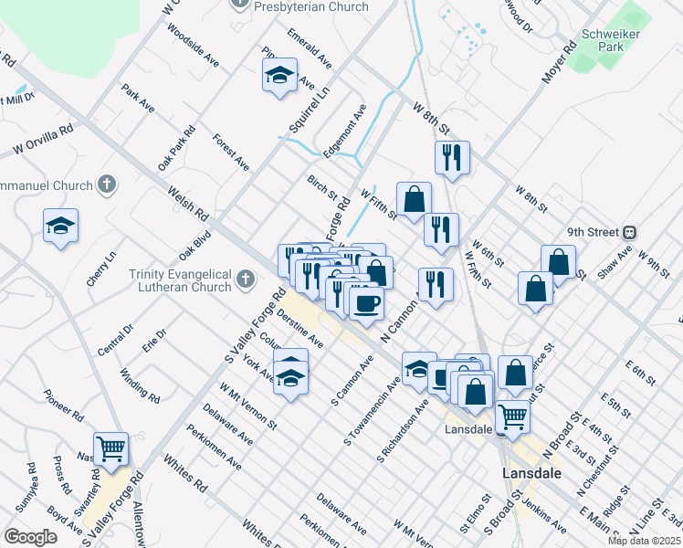 map of restaurants, bars, coffee shops, grocery stores, and more near 821 West 2nd Street in Lansdale