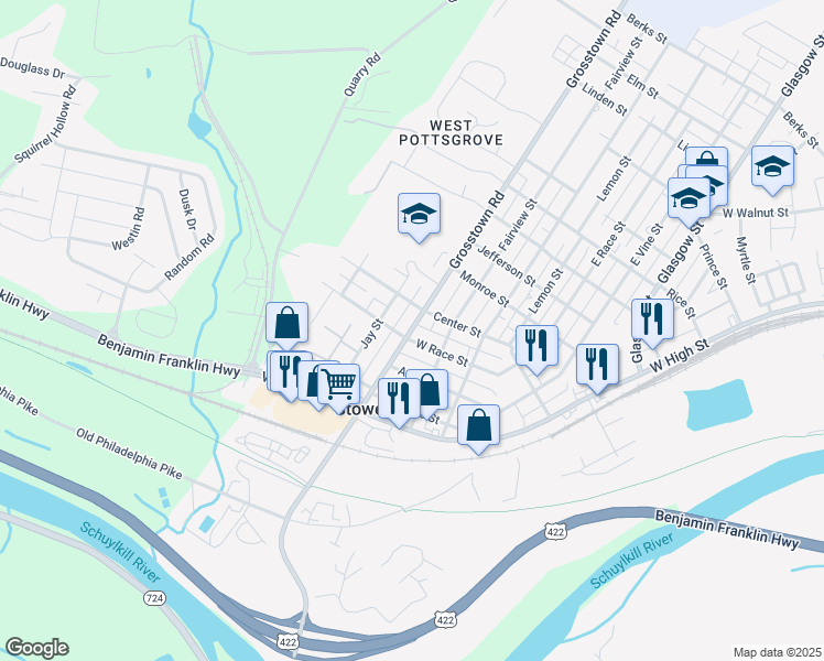 map of restaurants, bars, coffee shops, grocery stores, and more near 25 Grosstown Road in Pottstown