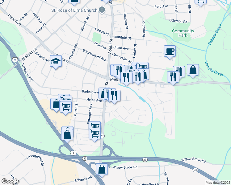 map of restaurants, bars, coffee shops, grocery stores, and more near 500 Park Avenue in Freehold