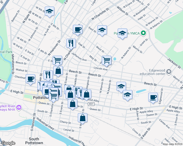 map of restaurants, bars, coffee shops, grocery stores, and more near 509 Beech Street in Pottstown