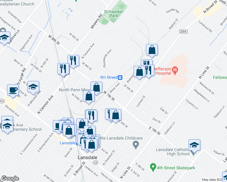 map of restaurants, bars, coffee shops, grocery stores, and more near 743 Shaw Avenue in Lansdale